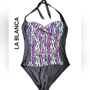 La Blanca Black and Multicolor Adjustable Halterneck One Piece Swimsuit